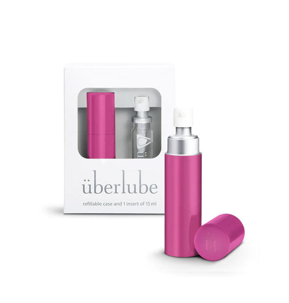 Pink überluibe refillable case with one 15ml insert shown in and out of packaging