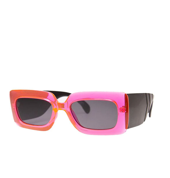 Rectangular hot pink sunglasses with ultra-wide temple arm