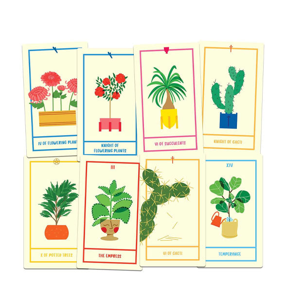 Spread of colorfully illustrated Houseplant Tarot cards