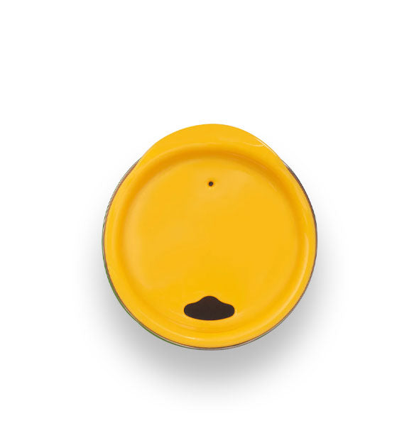 Top view of the Howdy! wine tumbler shows yellow lid with spout
