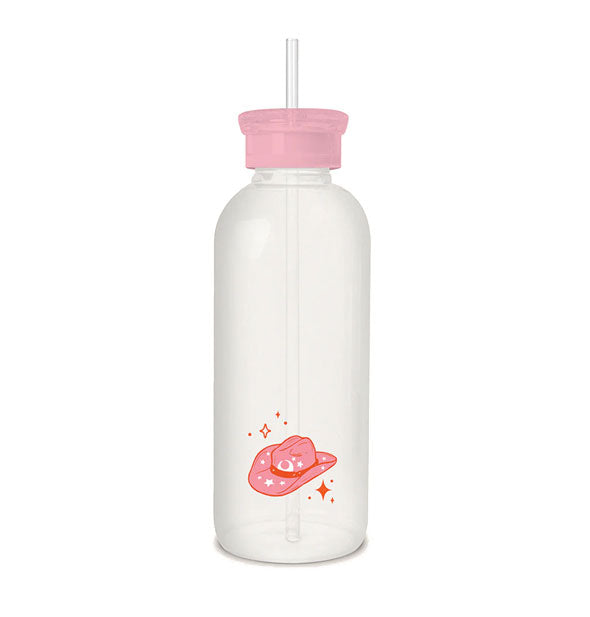 Back of Howdy glass water bottle features a pink cowgirl hat graphic accented by stars