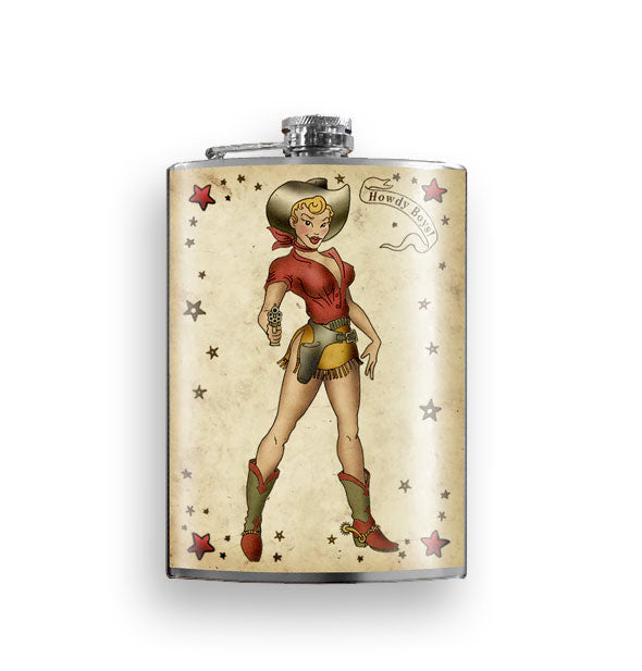 Flask featuring artwork of a pinup-style cowgirl taking aim with a pistol is accented by stars and a banner in the upper right corner that says, "Howdy Boys!"