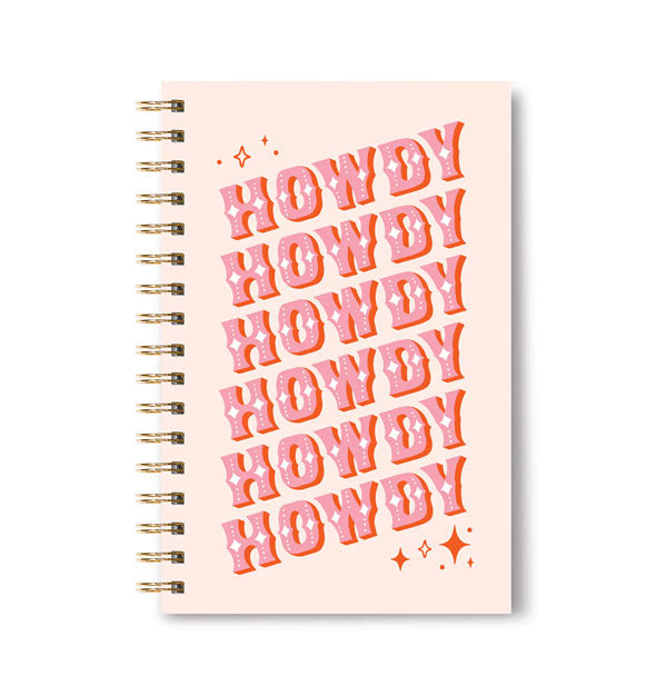 Rectangular white notebook with wire binding says, "Howdy" repeated six times in Western-style red and pink lettering accented by stars