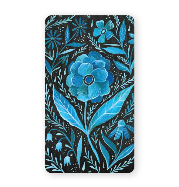 Sample card from the How to Be a Moonflower Deck features intricate blue floral illustrations on a black background