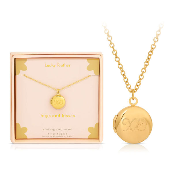 "Hugs and Kisses" round gold engraved XO locket necklace is shown in detail next to its gift box packaging