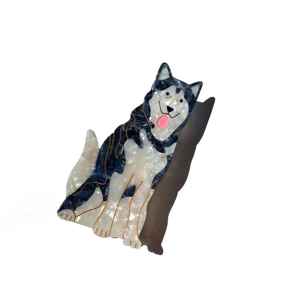 Hair clip with quartz effect is designed and painted to resemble a Siberian husky with pink tongue hanging out