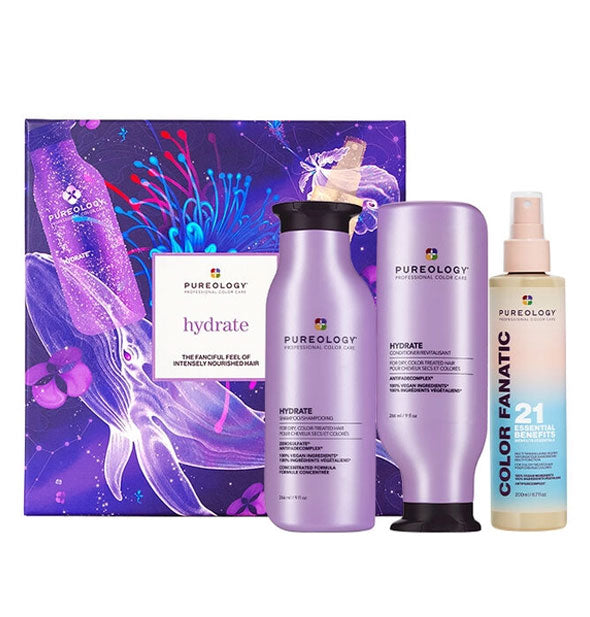 Contents of the Pureology Hydrate kit with box: Hydrate Shampoo, Hydrate Conditioner, and Color Fanatic Multi-Tasking Leave-In Spray