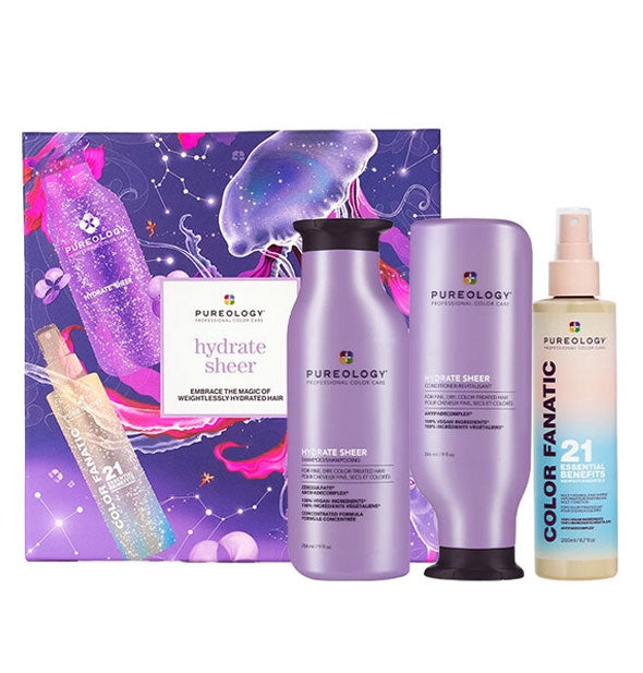 Contents of the Pureology Hydrate Sheer kit with box: Hydrate Sheer Shampoo, Hydrate Sheer Conditioner, and Color Fanatic Multi-Tasking Leave-In Spray