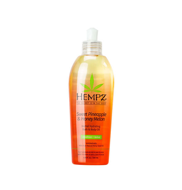 6.76 ounce bottle of Hempz Sweet Pineapple & Honey Melon Herbal Hydrating Bath & Body Oil features an orange-to-yellow ombre effect with green design accents