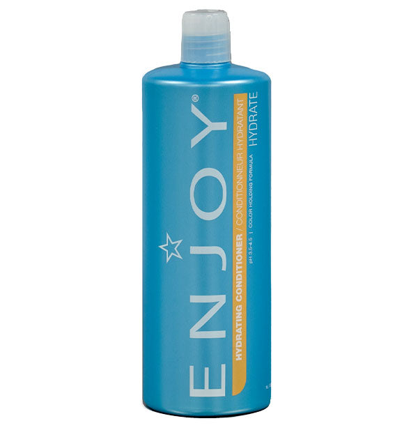 Blue 33.8 ounce bottle of Enjoy Hydrating Conditioner with yellow stripe accent