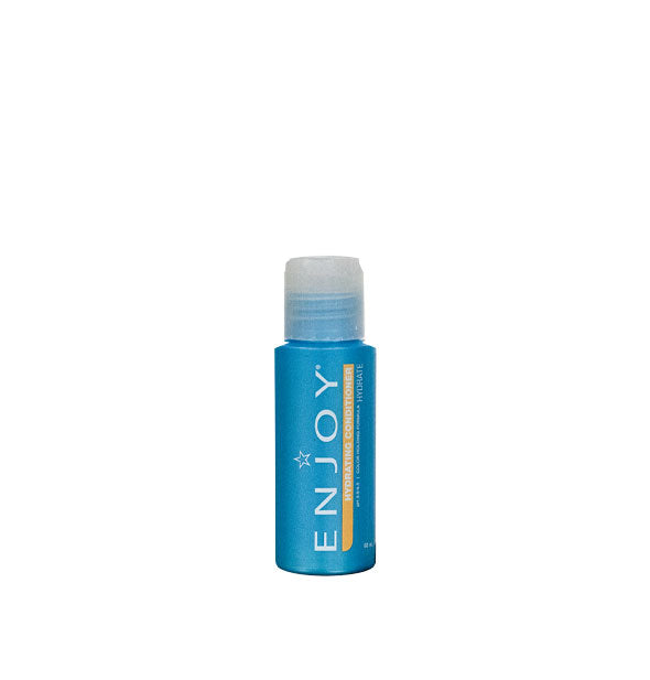 Blue 2 ounce bottle of Enjoy Hydrating Conditioner with yellow stripe accent