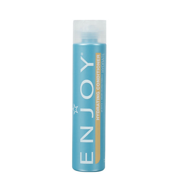 Blue 10 ounce bottle of Enjoy Hydrating Conditioner with yellow stripe accent