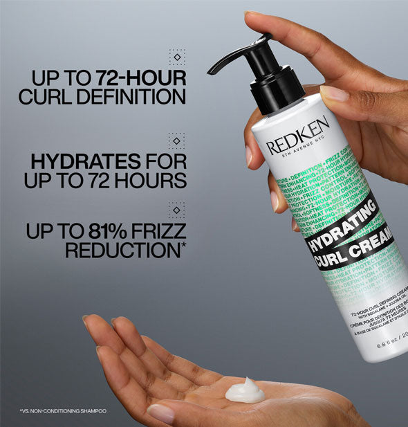 Model holds a bottle of Redken Hydrating Curl Cream in one hand and a dollop of product in the other alongside label, "Up to 72-hour curl definition; Hydrates for up to 72 hours; Up to 81% frizz reduction"