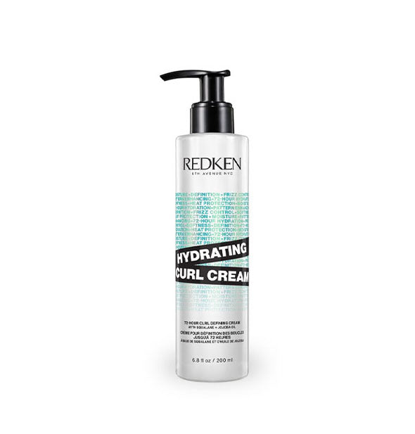 Silvery 6.8 ounce bottle of Redken Hydrating Curl Cream with black and teal lettering details and a black pump nozzle