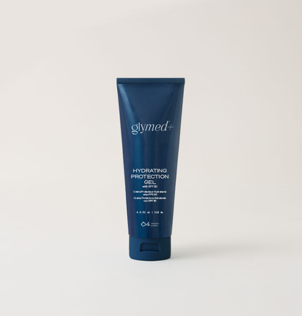 Dark blue 4 ounce bottle of GlyMed+ Hydrating Protection Gel with white lettering