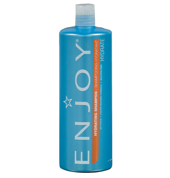 Blue 33.8 ounce bottle of Enjoy Hydrating Shampoo with orange accent stripe