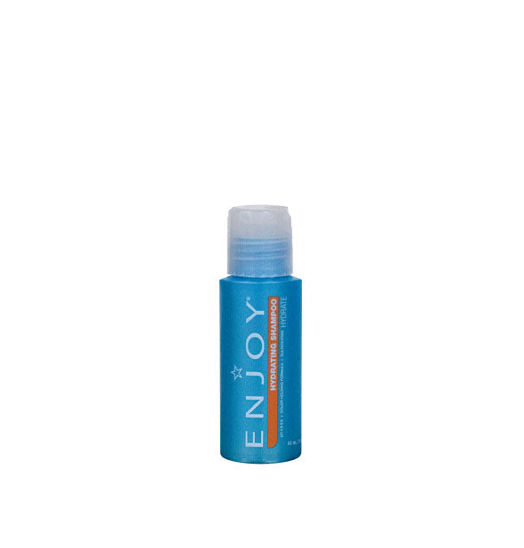 Blue 2 ounce bottle of Enjoy Hydrating Shampoo with orange accent stripe
