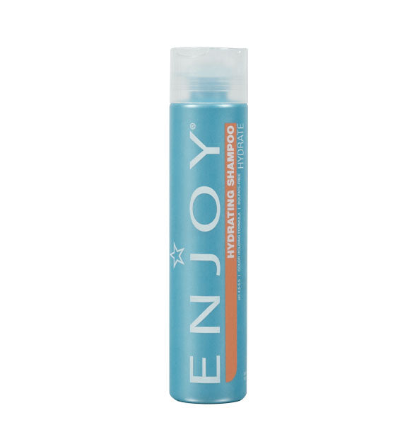 Blue 10 ounce bottle of Enjoy Hydrating Shampoo with orange accent stripe