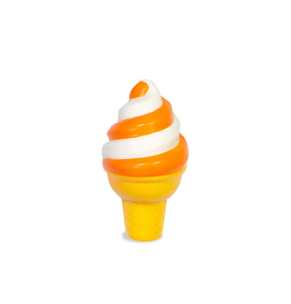 Foam toy designed to resemble orange and white swirl soft serve ice cream in a cone