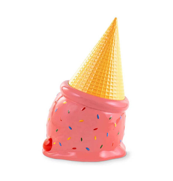Ceramic cookie jar designed to resemble a dropped upside-down pink ice cream cone with colorful sprinkles and a red cherry