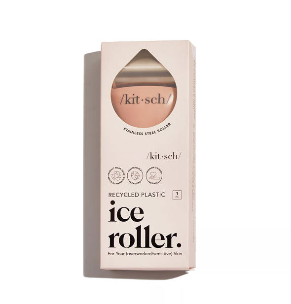 Recycled Plastic Ice Roller by Kitsch is partially visible through a teardrop-shaped window in light pink packaging