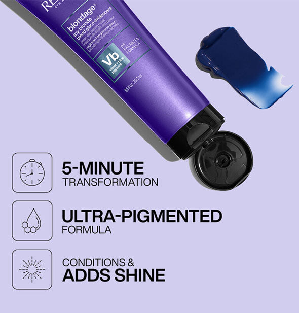 Bottle and application of Redken Blondage Icy Blonde Color-Depositing Mask are labeled, "5-minute transformation; Ultra-pigmented formula; Conditions & adds shine"
