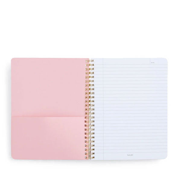 Open notebook with spiral-bound lined and pink pocket pages