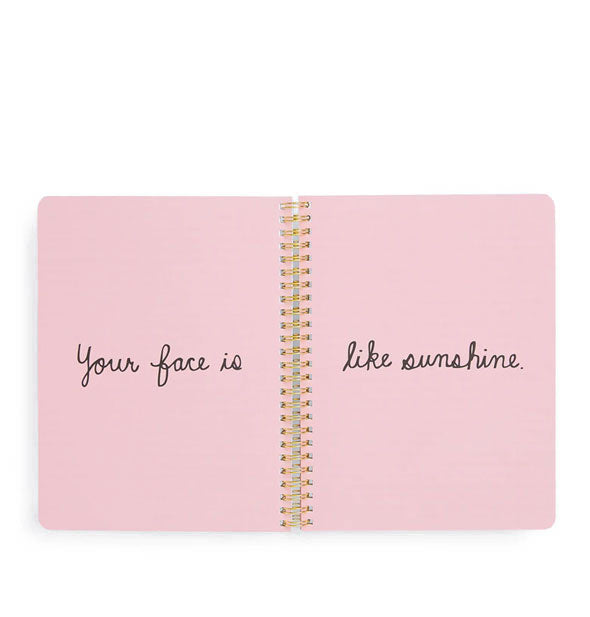 Open notebook with spiral-bound pink centerfold pages that say, "Your face is like sunshine" in black script