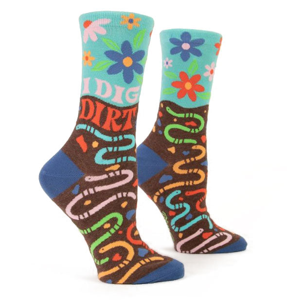 Colorful socks with floral and earthy motif say, "I dig dirt"