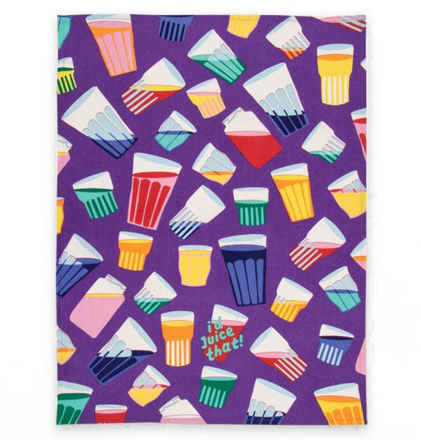Purple dish towel with colorful drinking glass illustrations says, "I'd juice that!"