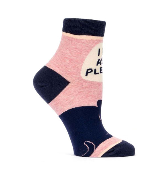 Pair of pink socks with dark ankles, toes, and heels feature a black cat saying, "I do as I please"