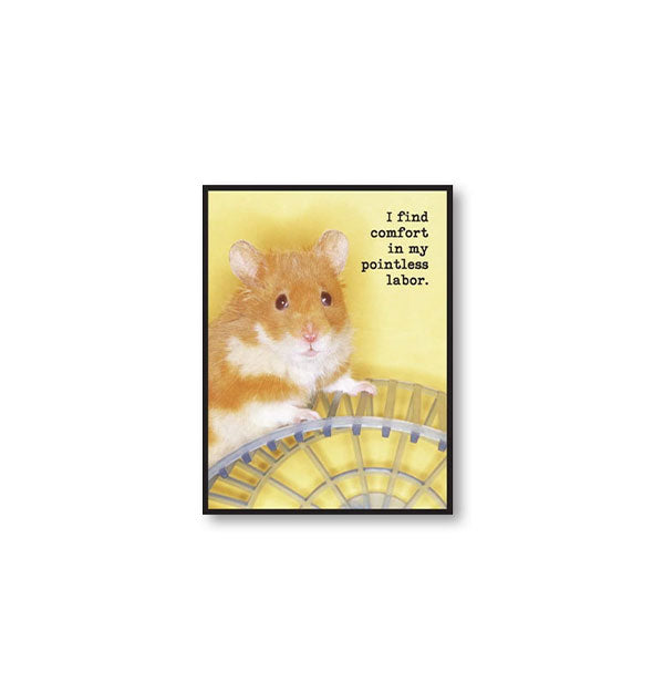 Rectangular magnet with image of a hamster on a wheel says, "I find comfort in my pointless labor."