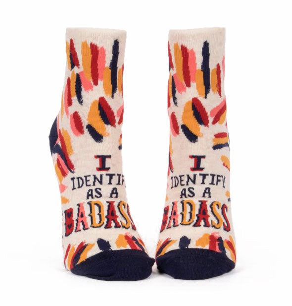 Ankle socks with colorful design elements say, "I identify as a badass"
