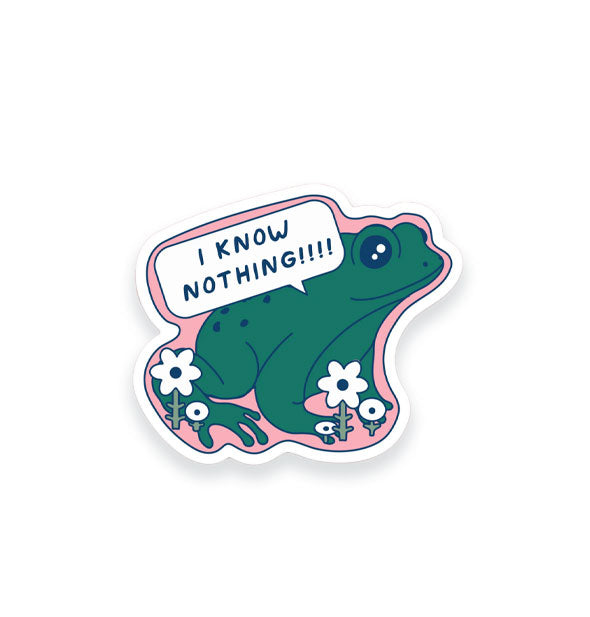 Sticker with illustration of a green frog saying, "I know nothing!!!!" on a pink background with white flowers