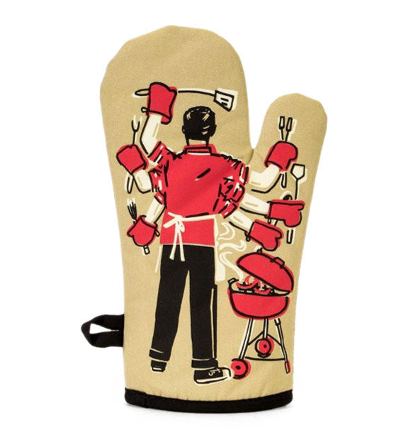 Tan oven mitt with black piping and hanging loop features the back of an man with six arms, each holding a cooking utensil, over a grill