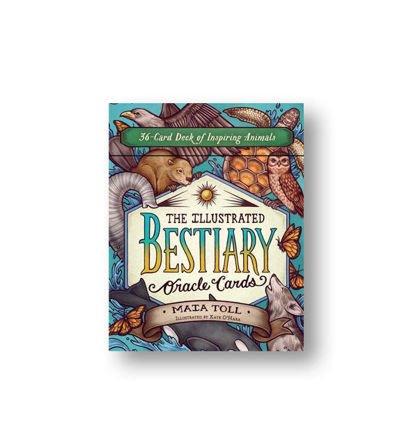 Whimsically illustrated box of The Illustrated Bestiary Oracle Cards by Maia Toll