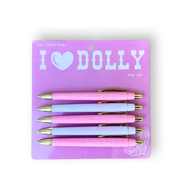 Pack of five pink and purple printed I Love Dolly pens