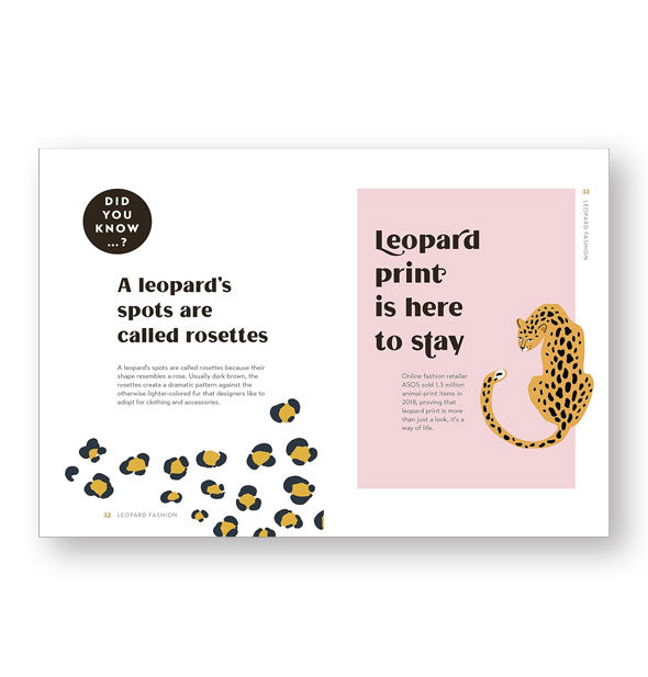 Page spread from I Love Leopard asks, "Did you know...? A leopard's spots are called rosettes" and on the next page, "Leopard print is here to stay" accented by minimalist illustrations