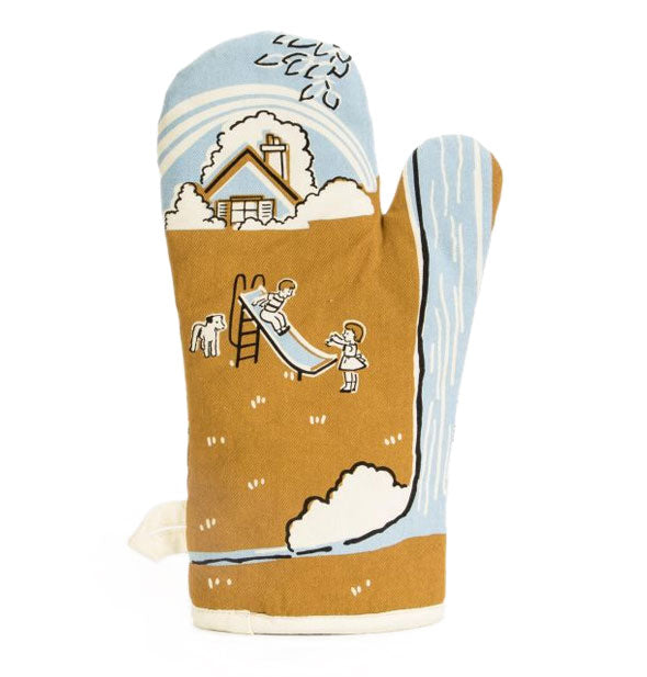 Reverse side of oven mitt features illustration of two children playing on a slide in a back yard with a dog