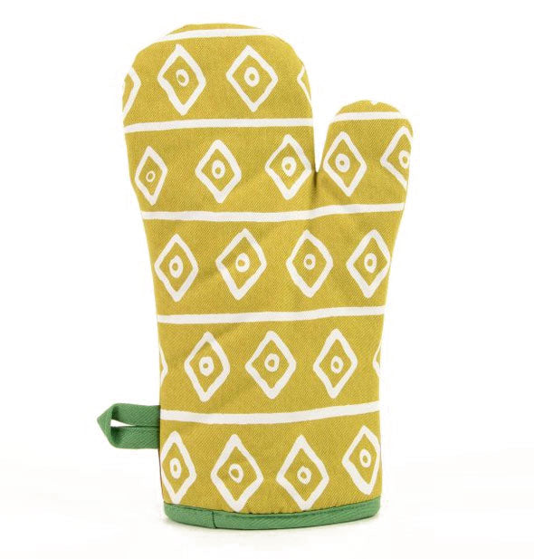 Lime green oven mitt with white diamond horizontal stripe pattern and dark green piping