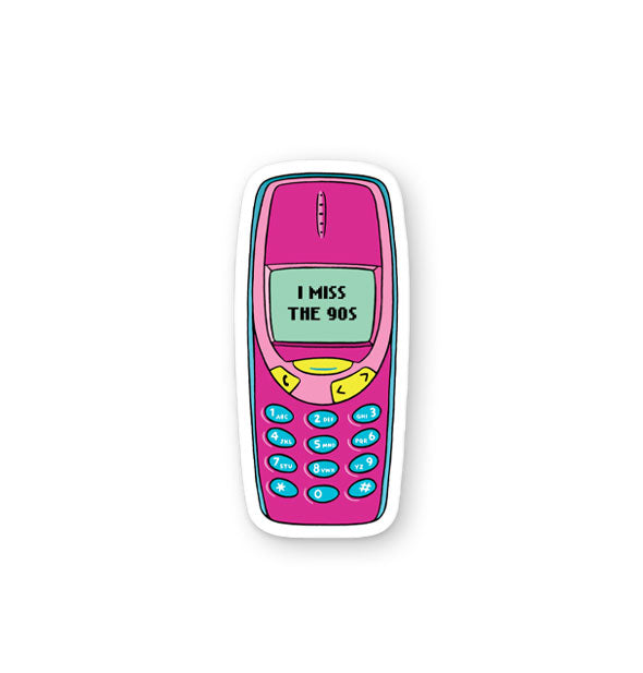 Sticker featuring illustration of a pink vintage mobile phone says, "I miss the 90s" on its screen