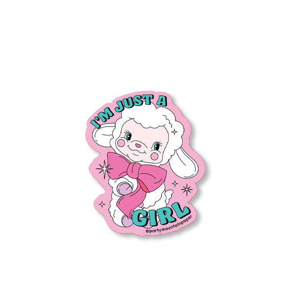 Sticker with illustration of a smiling lamb wearing a large pink bow says, "I'm just a girl" in blue lettering