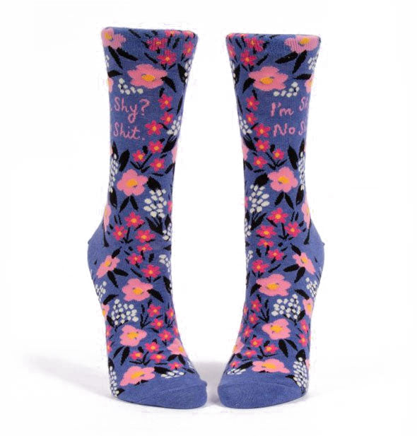 Purple socks with all-over floral illustrations say, "I'm shy? No shit" on the ankles