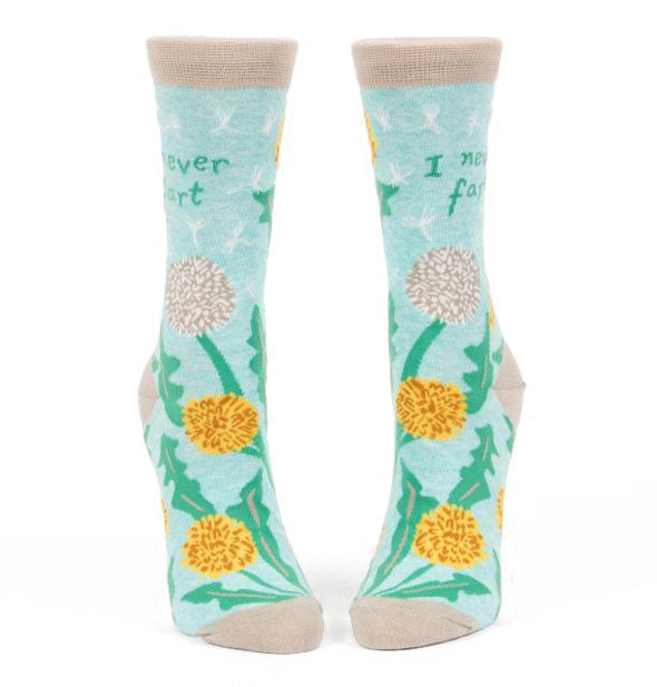 Teal socks with beige accents and colorful floral illustration say, "I never fart"