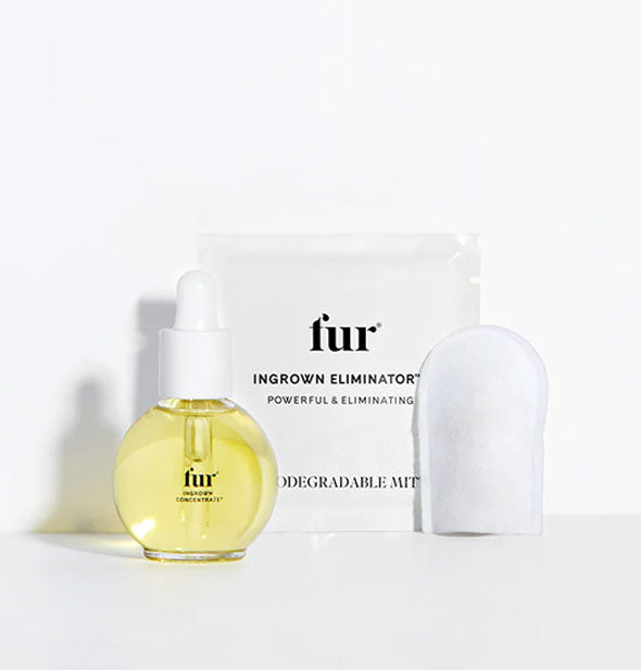 Round bottle of Fur Ingrown Concentrate with an Ingrown Eliminator Mitt and packet