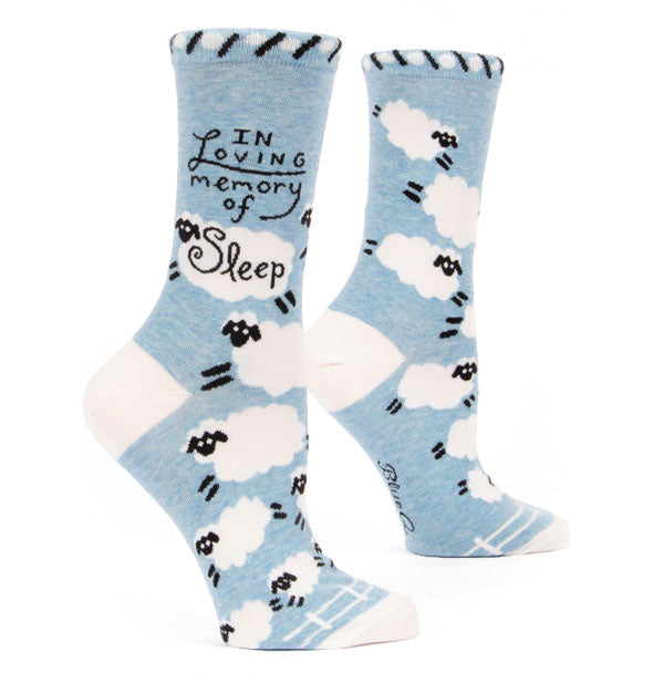 In Loving Memory of Sleep crew socks with white fluffy sheep design on light blue background accented with black