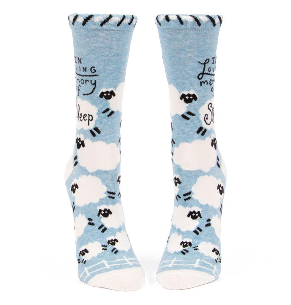 In Loving Memory of Sleep crew socks with white fluffy sheep design on light blue background accented with black