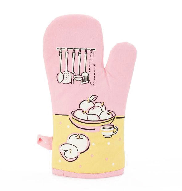 Pink and yellow oven mitt with illustrations of kitchen implements, fruit bowl, and other produce