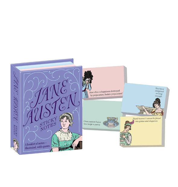 Booklet of Jane Austen Sticky Notes with individual pink, blue, green, and yellow pads shown at right, each with a themed quote and illustration