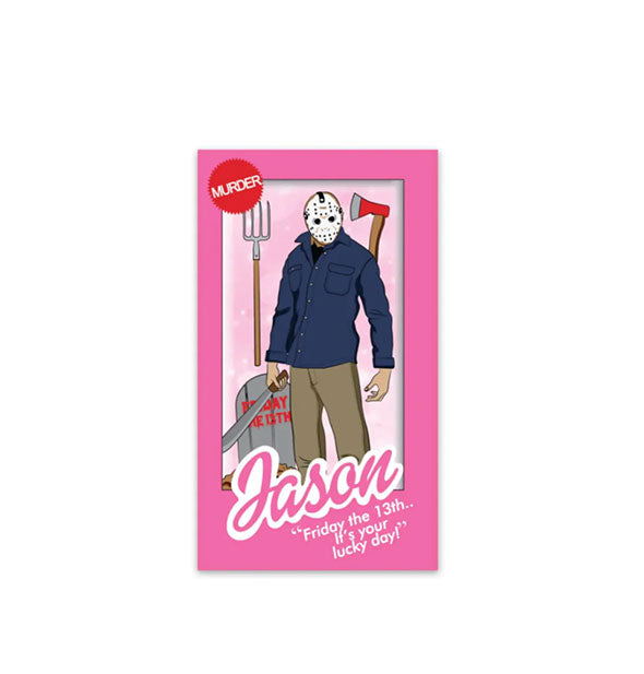 Rectangular pink sticker designed in the style of a Barbie box with Jason character and props